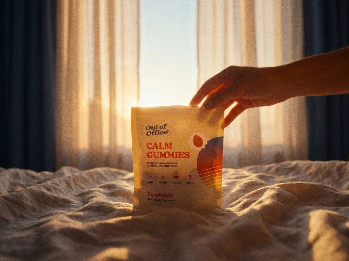 Holding a pouch of Calm at golden hour